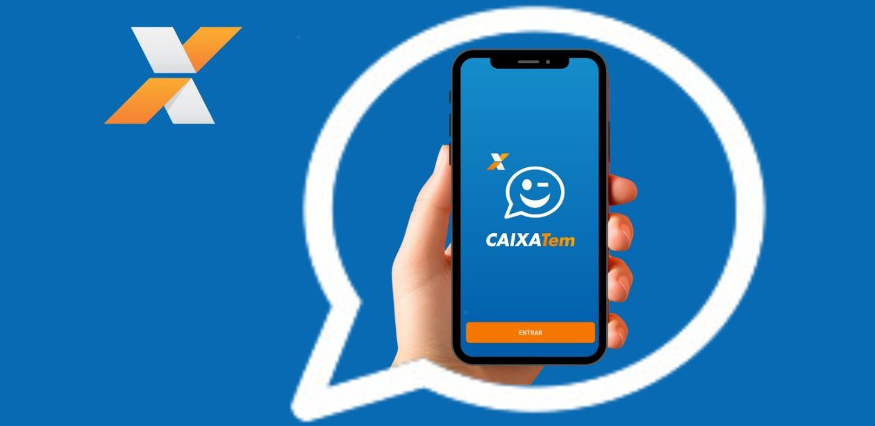 A imagem mostra uma mão segurando um celular e na tela o início do aplicativo do Caixa Tem e a logo da Caixa Econômica Federal.