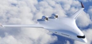 A imagem mostra o projeto da aeronave com asas BWB, versão da JetZero para representar que a Delta Air Lines fecha parceria com a JetZero para reinventar aviação.