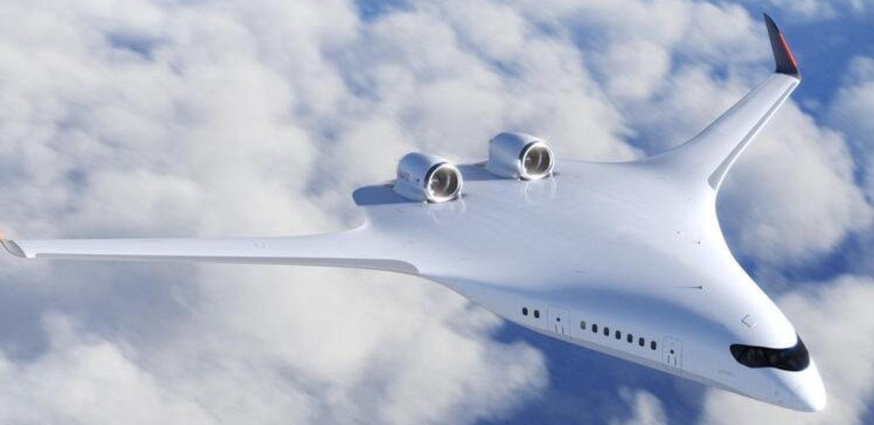 A imagem mostra o projeto da aeronave com asas BWB, versão da JetZero para representar que a Delta Air Lines fecha parceria com a JetZero para reinventar aviação.