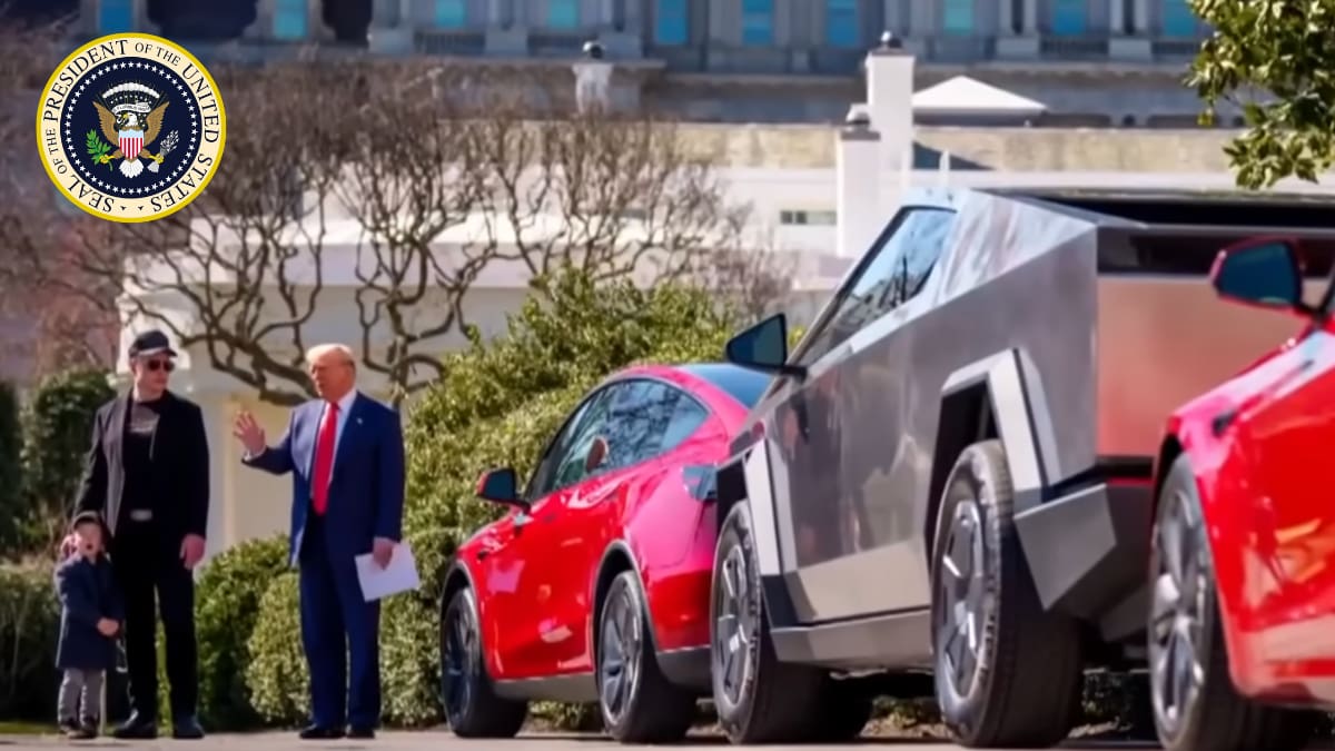 Conflito de interesses: Elon Musk e Donald Trump na Casa Branca ao lado de veículos Tesla, levantando suspeitas de uso da máquina pública para promoção privada.