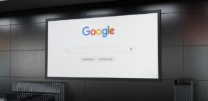A imagem mostra uma TV com a tela de início do Google para representar que o Google compra Wiz por R$182 bilhões na maior aquisição da história
