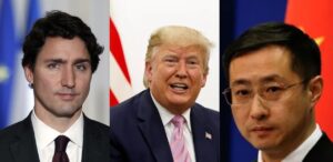 A imagem mostra o Primeiro-ministro do Canadá, Justin Trudeau; o Presidente dos Estados Unidos, Donald Trump; o Porta-voz do Ministério das Relações Exteriores da China, Lin Jian para representar a guerra comercial dos EUA.