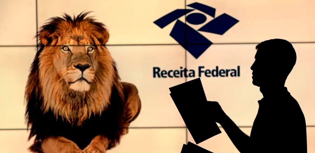 A imagem mostra um leão ao lado da sombra de um homem e o logo da Receita Federal para representar o Imposto de Renda.