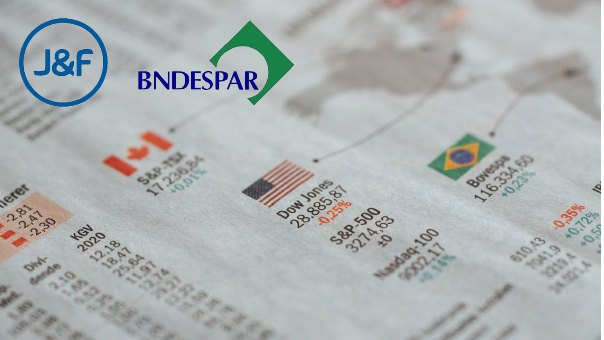 Gráfico financeiro com dados da Bolsa de Valores destacando a parceria entre J&F e BNDESPar para listagem de ações no Brasil e EUA.