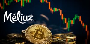 A imagem mostra um gráfico da bolsa de valores, com bitcoins a frente e o logo da Méliuz para representar que a Méliuz investe em Bitcoin.