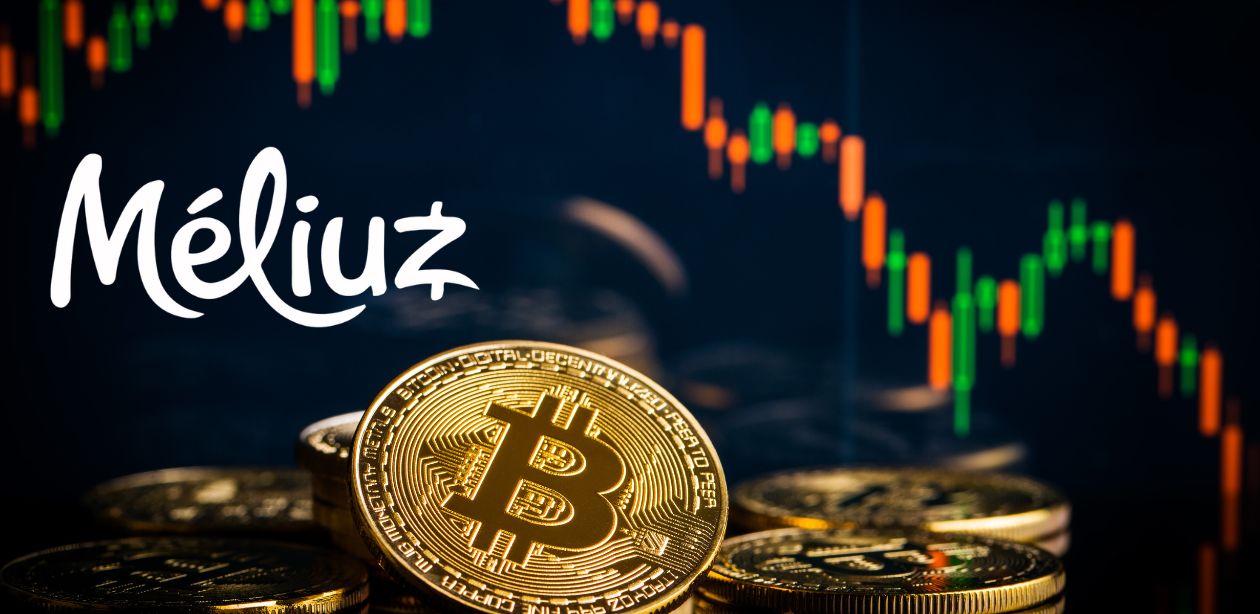 A imagem mostra um gráfico da bolsa de valores, com bitcoins a frente e o logo da Méliuz para representar que a Méliuz investe em Bitcoin.