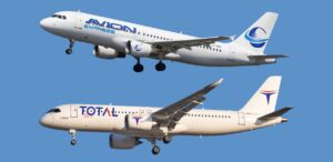A imagem mostra duas aeronaves das novas companhias aéreas do Brasil, a Avion Express e a Total Linhas Aéreas.