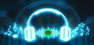 A imagem mostra fone de ouvido com notas musicais e o logo do Spotify representando que Pagamentos de royalties da Spotify chegam a US$10 bi