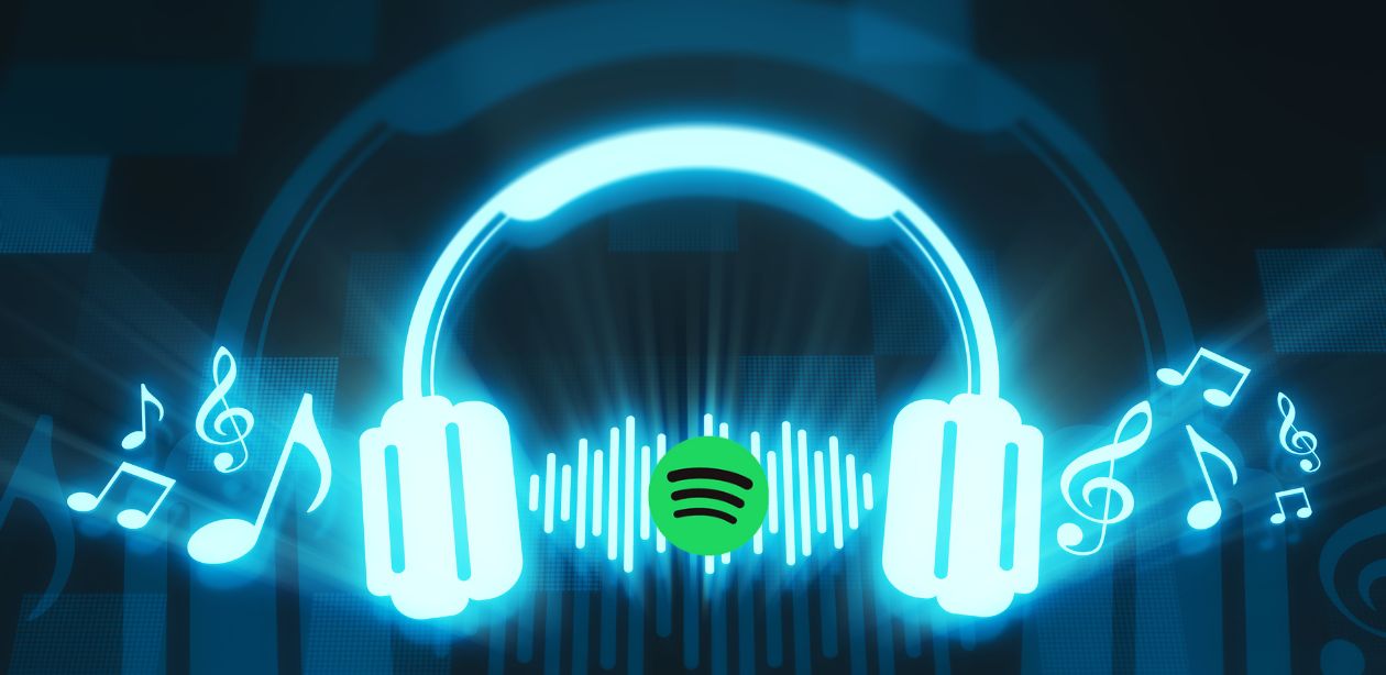 A imagem mostra fone de ouvido com notas musicais e o logo do Spotify representando que Pagamentos de royalties da Spotify chegam a US$10 bi