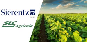A imagem mostra a logo da SLC Agrícola e a logo da Sierentz em fundo branco e ao lado uma plantação agrícola.