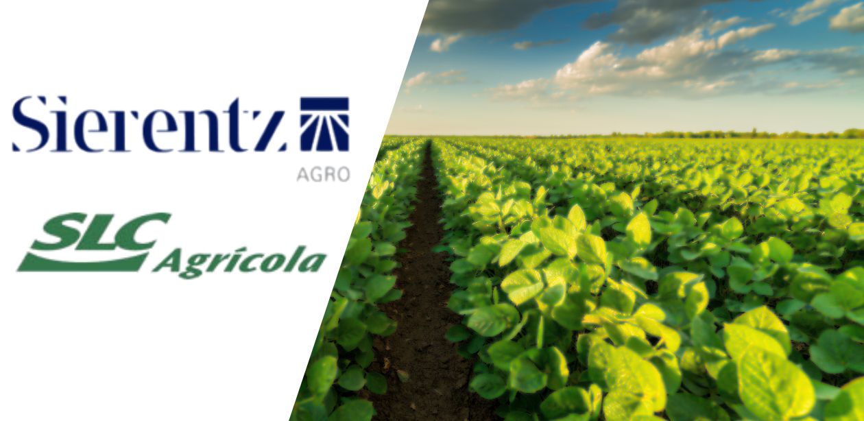 A imagem mostra a logo da SLC Agrícola e a logo da Sierentz em fundo branco e ao lado uma plantação agrícola.