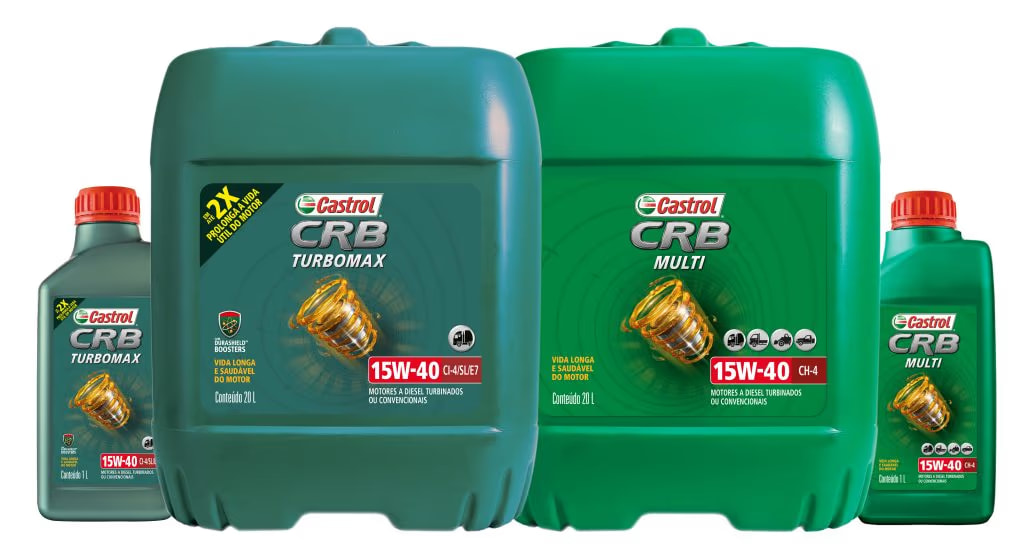 Embalagens de óleo lubrificante Castrol CRB; produtos da marca que a Saudi Aramco pode comprar Castrol como parte de sua expansão global.