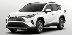 A imagem mostra um carro Toyota RAV4 branco.