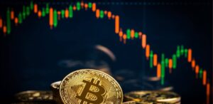 A imagem mostra um gráfico e moedas de Bitcoin.