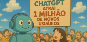 A imagem mostra um robô, várias pessoas ao redor e uma placa escrito "ChatGPT atrai 1 milhão de novos usuários".