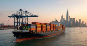 Navio com contêineres atracado em porto asiático representa as exportações brasileiras em 2025 para o continente asiático