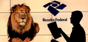Representação simbólica do Imposto de Renda no Brasil, com a imagem de um leão ao lado do logotipo da Receita Federal.