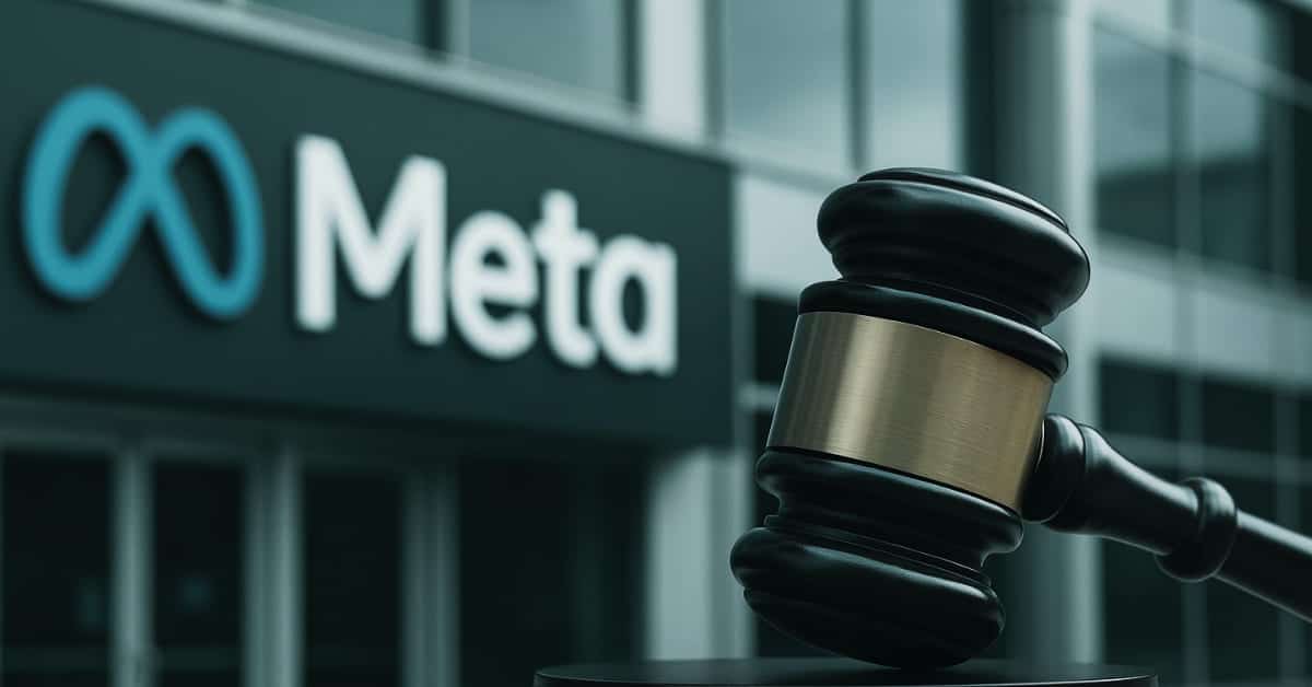 Imagem do prédio da Meta com martelo da Justiça simbolizando o processo por monopólio digital envolvendo a compra do Instagram