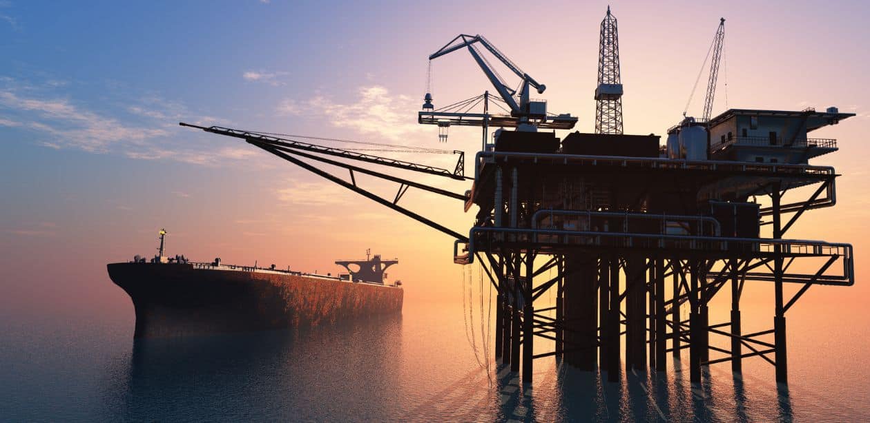 A foto mostra uma estação de petróleo em alto mar para representar a queda do petróleo.