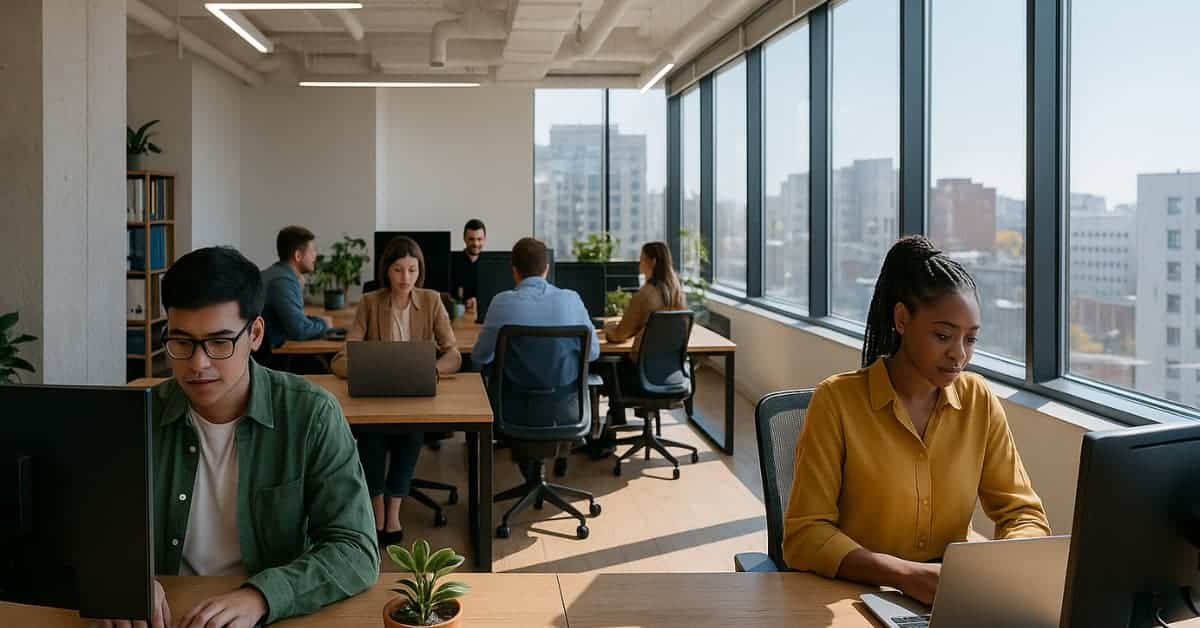 Ambiente moderno de trabalho com computadores e equipe simboliza o crescimento das startups brasileiras de tecnologia B2B