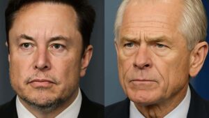 Elon Musk e Peter Navarro em imagem lado a lado durante debate sobre tarifas nos Estados Unidos em 2025.