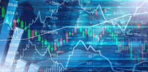 Gráficos das bolsas dos EUA em queda, com linhas e barras coloridas representando perdas e volatilidade no mercado financeiro.