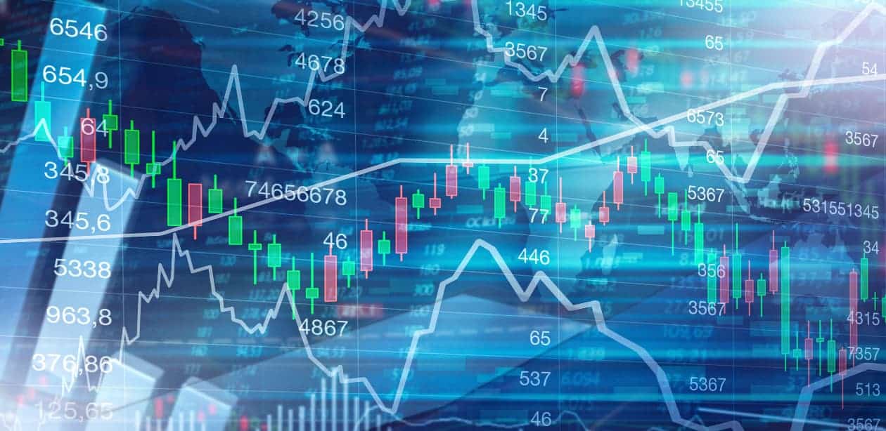 Gráficos das bolsas dos EUA em queda, com linhas e barras coloridas representando perdas e volatilidade no mercado financeiro.
