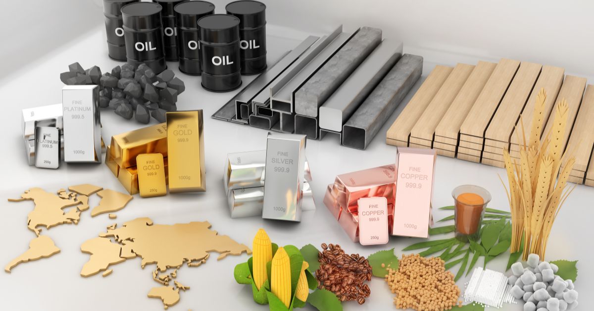 A imagem mostra o mapa mundí e vários produtos para representar a volatilidade das commodities