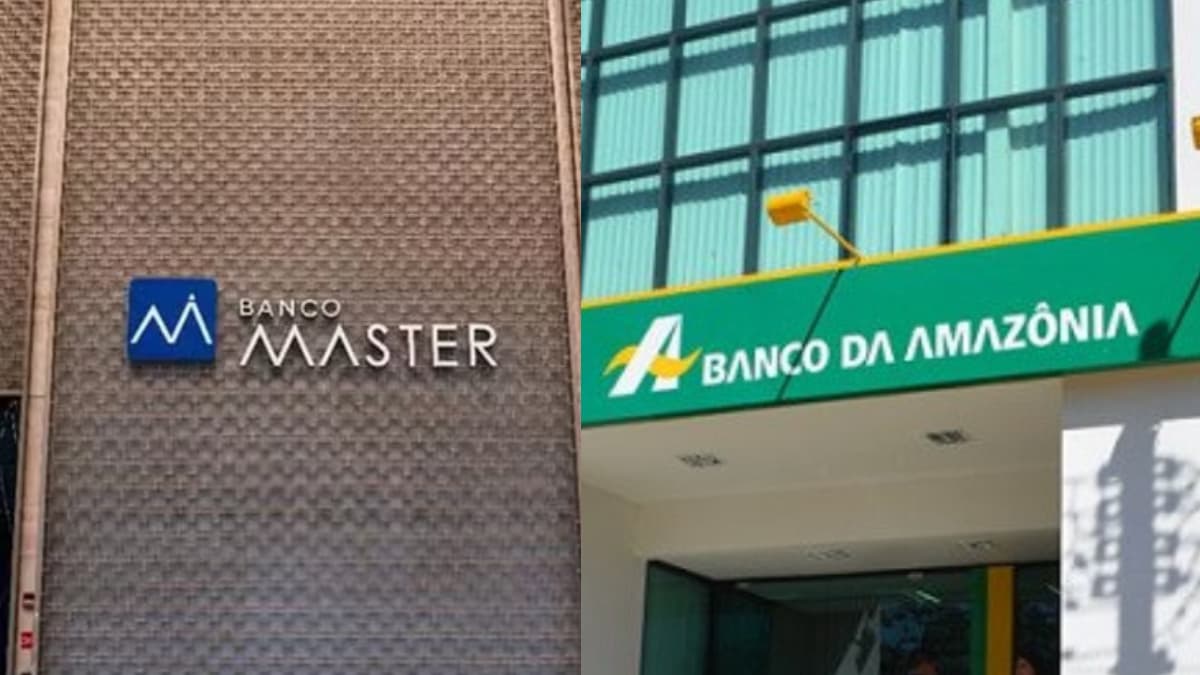 Fachadas do Banco Master e do Banco da Amazônia lado a lado, ilustrando a compra de títulos do Banco Master pelo Basa.