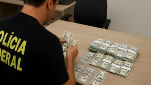 Agente da Polícia Federal em operação contra desvio de recursos públicos no Brasil.