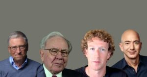 A imagem mostra Jeff Bezos, Mark Zuckerberg, Bill Gates e Warren Buffet para representar onde vivem os bilionários