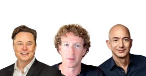 A imagem mostra Elon Musk, Mark Zuckerberg e Jeff Bezos, respectivamente para representar a trégua tarifária