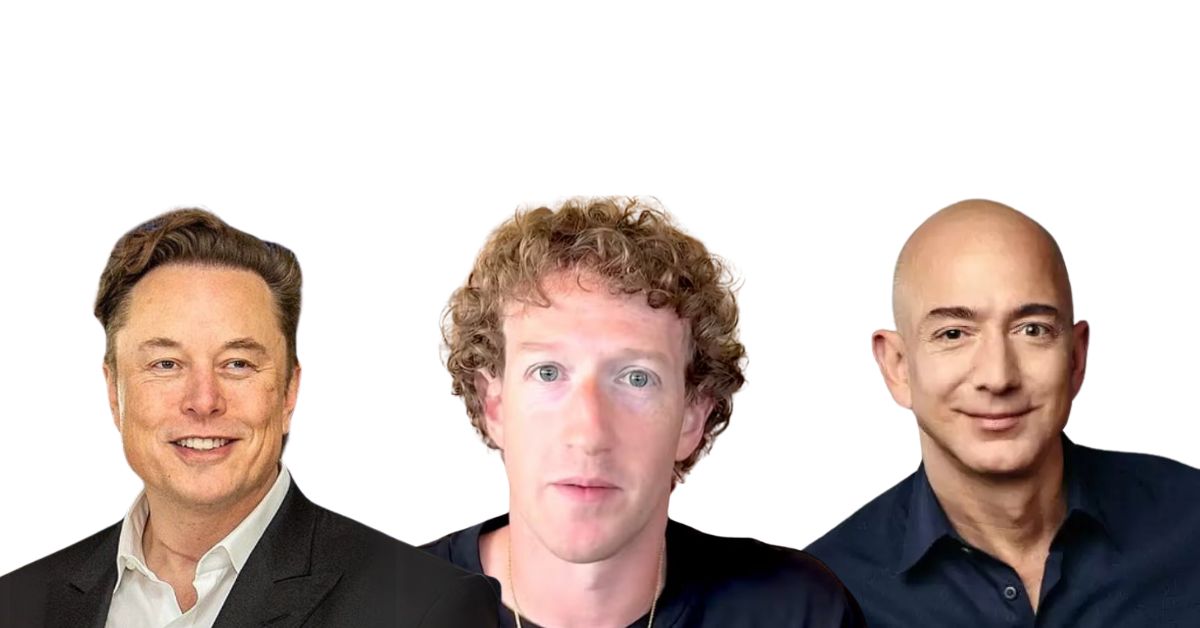 A imagem mostra Elon Musk, Mark Zuckerberg e Jeff Bezos, respectivamente para representar a trégua tarifária