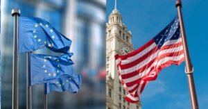 A imagem mostra as bandeiras da Uninao Europeia e dos Estados Unidos para representar que UE prepara nova oferta aos EUA