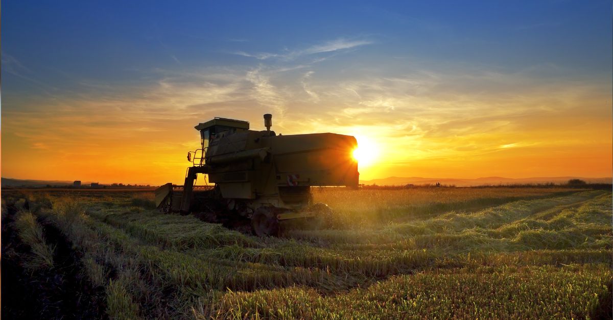 A imagem mostra uma máquina agrícola em uma lavoura para representar o PIB do 1º trimestre