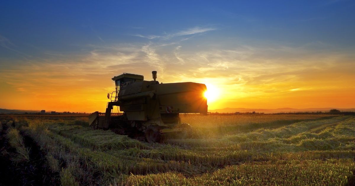 A imagem mostra uma máquina agrícola em uma lavoura para representar o agronegócio brasileiro