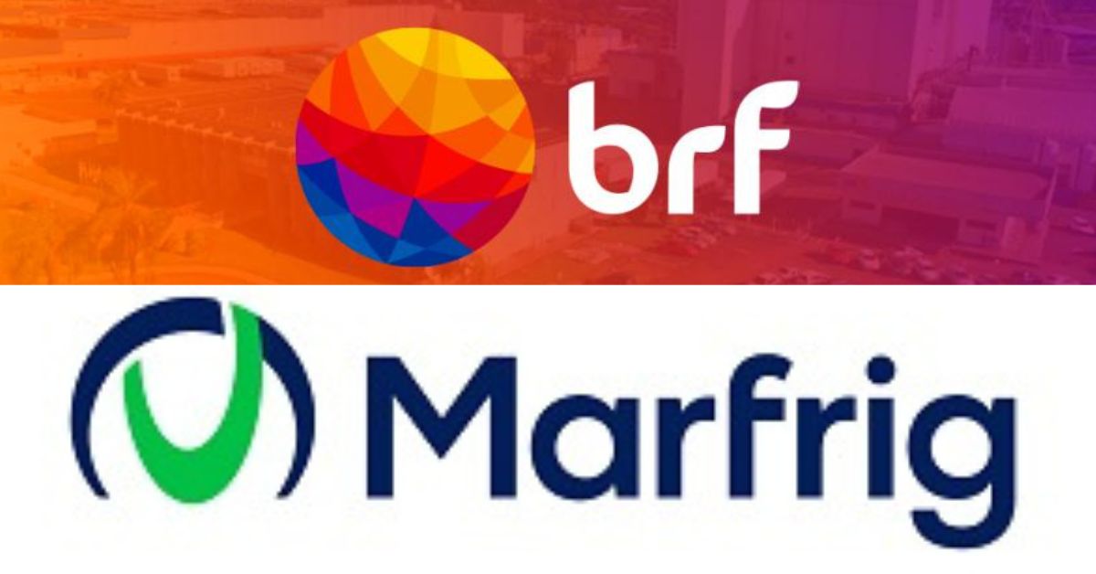 A imagem mostra os logos da BRF e da Marfrig para representar a fusão entre Marfrig e BRF