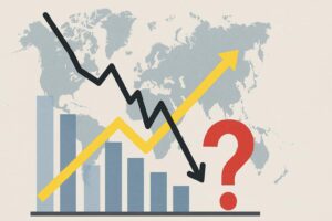 Gráfico com barras, setas e mapa-múndi ilustrando a incerteza econômica no mercado de M&A