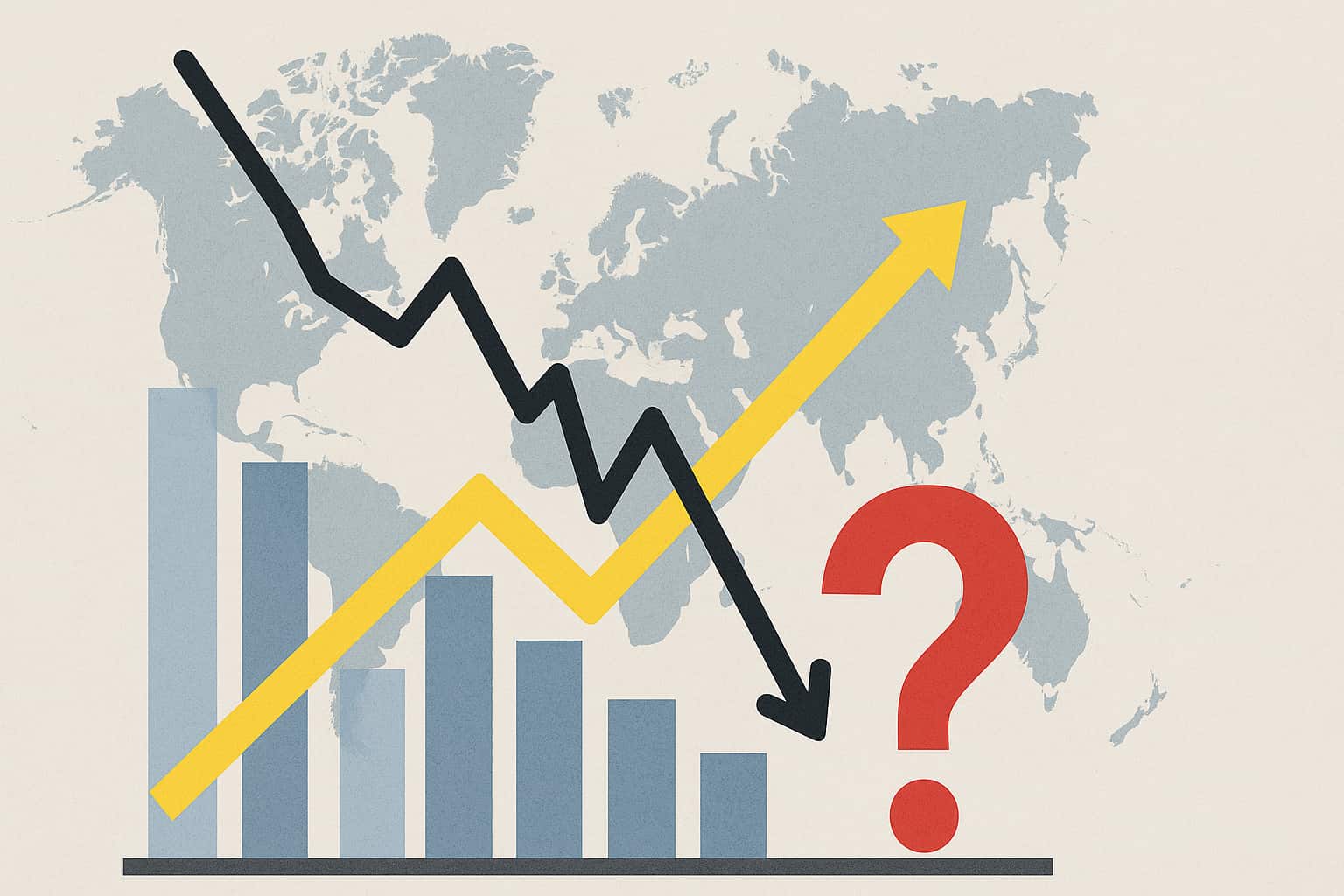 Gráfico com barras, setas e mapa-múndi ilustrando a incerteza econômica no mercado de M&A