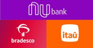 A imagem mostra uma colagem com as logos do Nubank, Bradesco e Itaú para representar o Ranking de reclamações do Banco Central