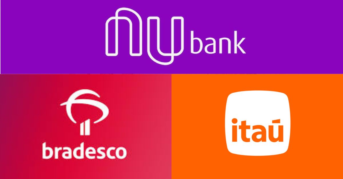 A imagem mostra uma colagem com as logos do Nubank, Bradesco e Itaú para representar o Ranking de reclamações do Banco Central