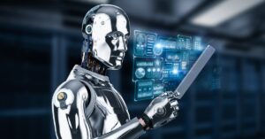 Robôs de fábrica na China operando em linha de montagem automatizada com tecnologia de inteligência artificial