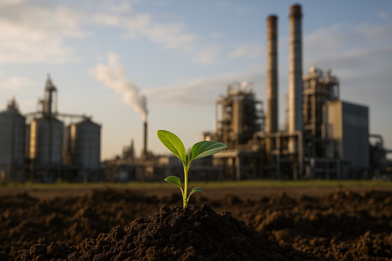 Indústria com planta crescendo em frente, representando o Selo ESG-FIEC para indústrias e práticas sustentáveis no setor produtivo.