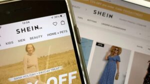 Interface do aplicativo e site da Shein no Brasil exibindo promoções e vestidos, ilustrando a atuação digital da marca no país.