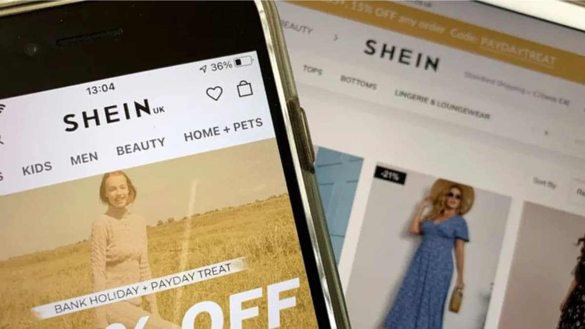 Interface do aplicativo e site da Shein no Brasil exibindo promoções e vestidos, ilustrando a atuação digital da marca no país.