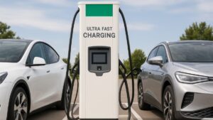 Carregador ultrarrápido para veículos elétricos em uso por dois carros simultaneamente no modelo Plug Station Ultrarrápidos 600.