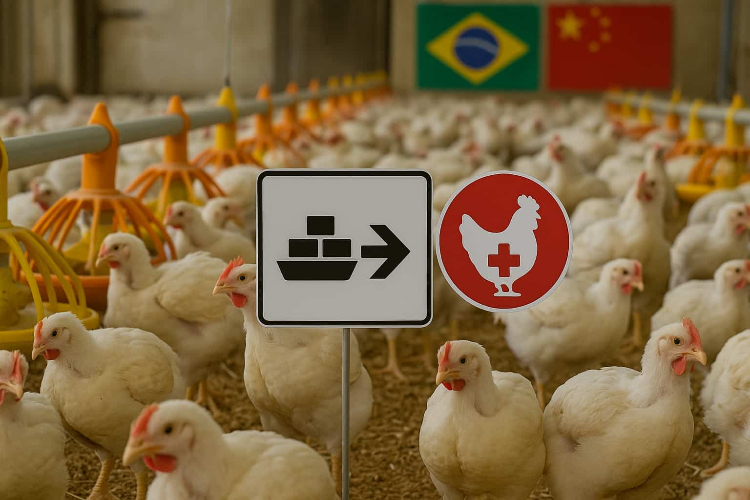 Granja de frangos no Brasil com placas de exportação e símbolo sanitário, ilustrando como a gripe aviária no Brasil afeta exportações para a China.