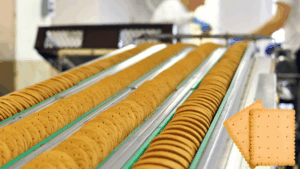 Linha de produção de biscoitos da M. Dias Branco em operação, representando o desempenho da receita da M. Dias Branco no 1T25.