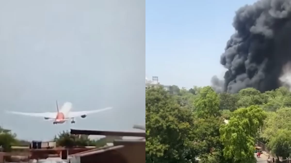 Queda do avião na Índia em 12 de junho de 2025 deixa rastro de destruição e fumaça próxima ao aeroporto de Ahmedabad.