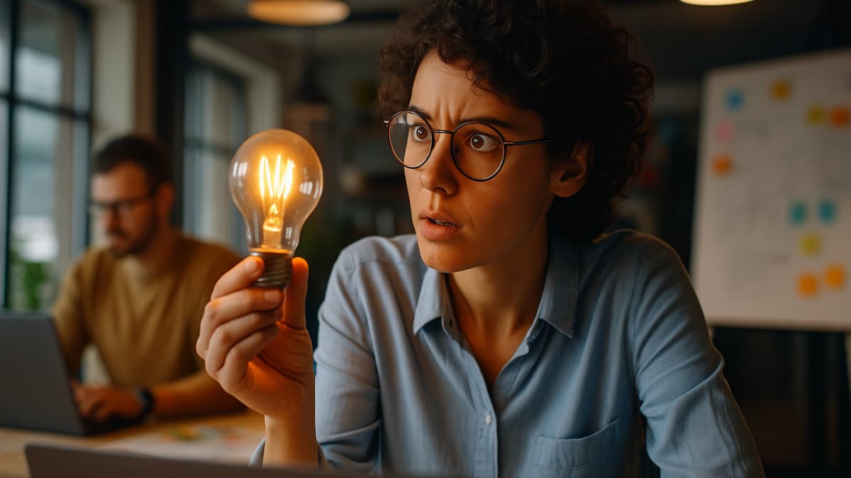 Mulher curiosa observa uma lâmpada acesa em ambiente de coworking, representando o processo de descoberta sobre como abrir uma startup.